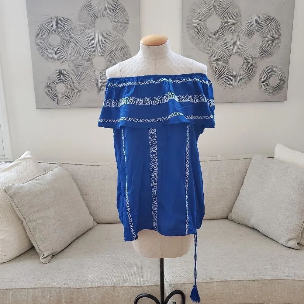 🌹 RUFF HEWN 🌹 Embroidered Off Shoulder Top - [Size 1X, Blue]